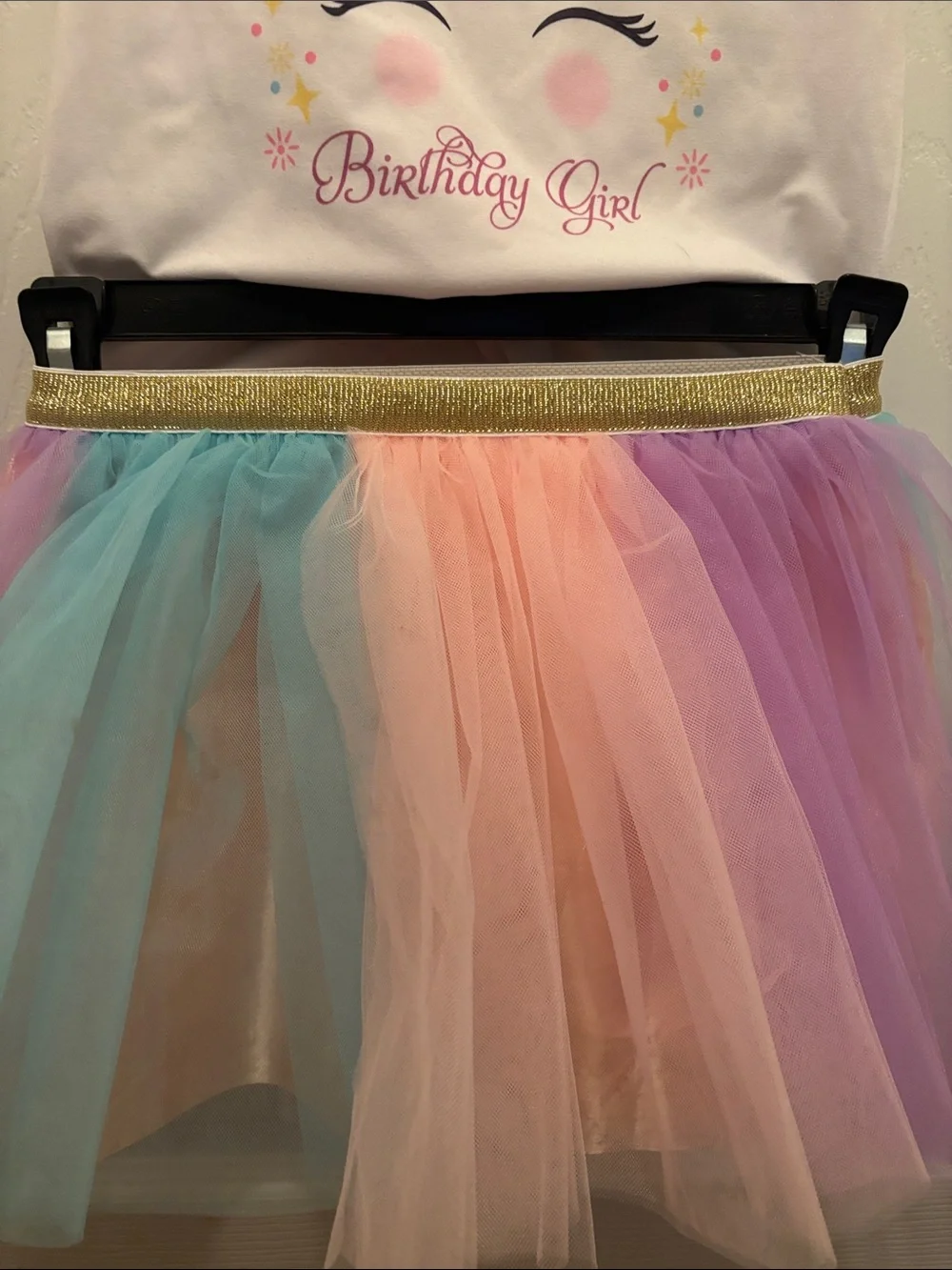 Birthday Girl Unicorn Tulle Skirt Set - White Top with Pastel Rainbow Skirt